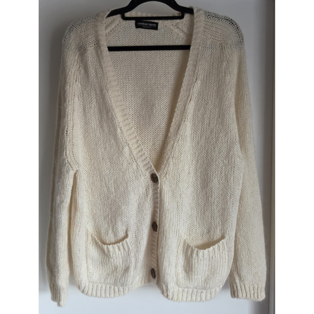 American Apparel Cardigan Women One Size Cream V-Neck Long Sleeve Sweater USA